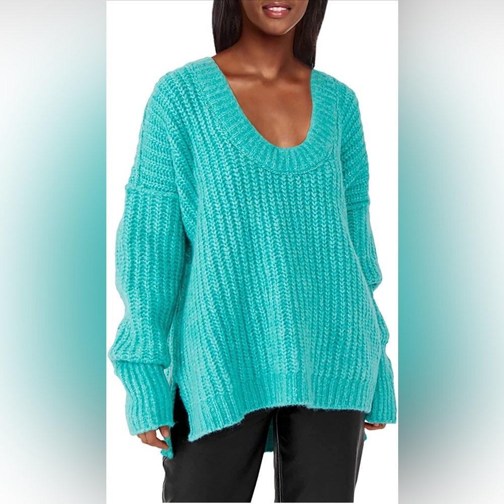 Free People Blue Bell V-Neck Sweater Electric Teal - Picture 3 of 5